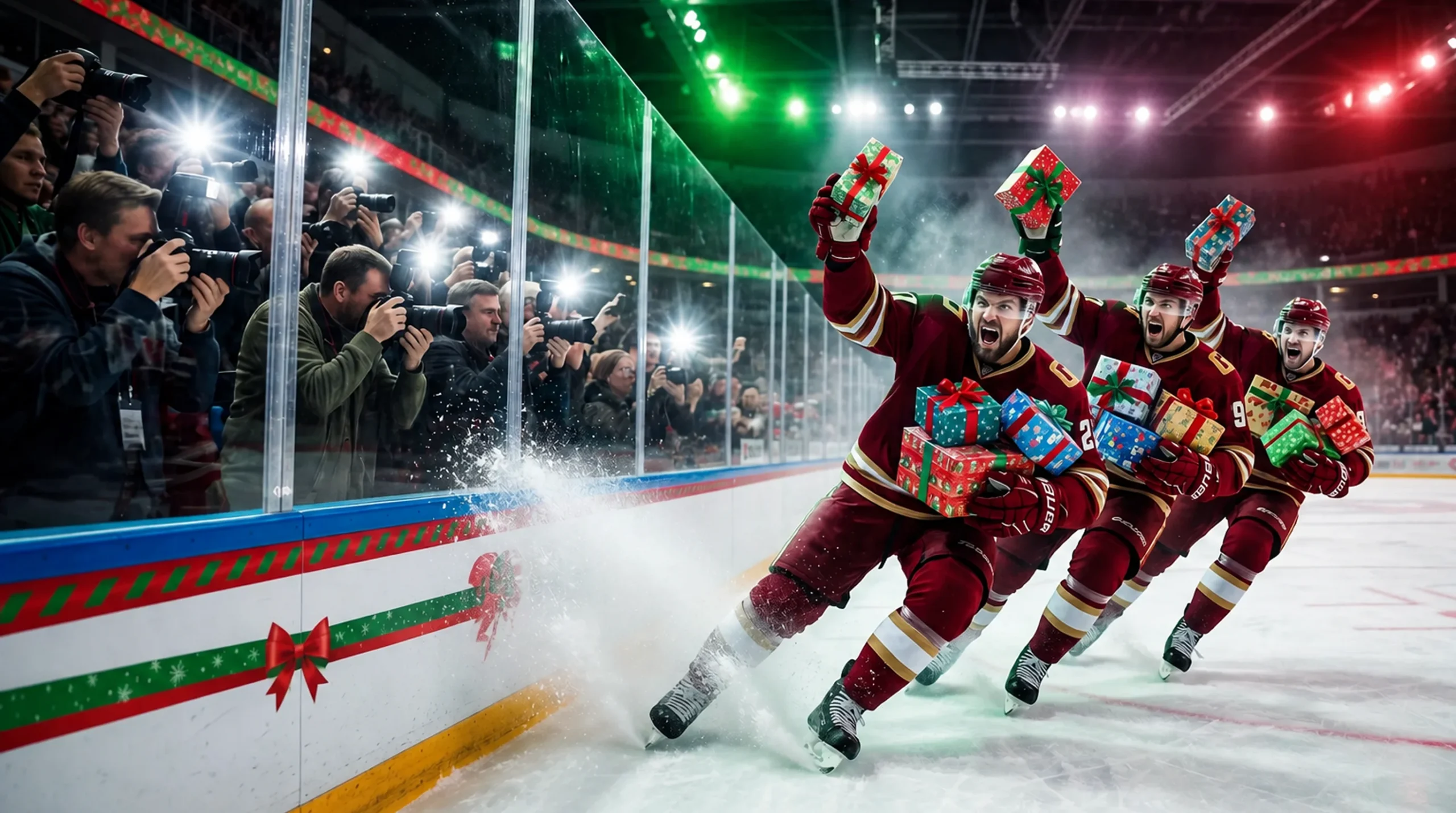 Ice hockey players celebrating with gifts at a 22Bet-branded rink